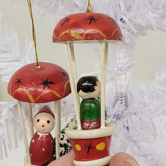 Vintage Hand Painted Wooden Hot Air Balloon with Bottle Brush Christmas Tree Orn - Picture 6 of 8